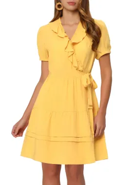 Allegra K - Ruffle V Neck Short Sleeve Mini Wrap Dress with Belt