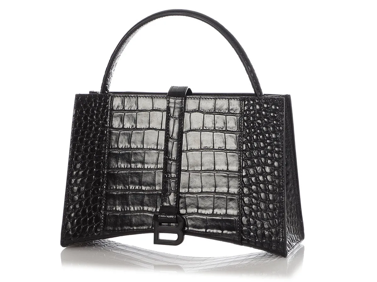 Balenciaga Small Black Crocodile Embossed East West Hourglass Tote