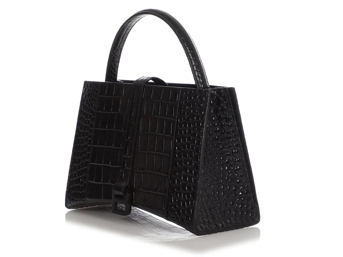 Balenciaga Small Black Crocodile Embossed East West Hourglass Tote