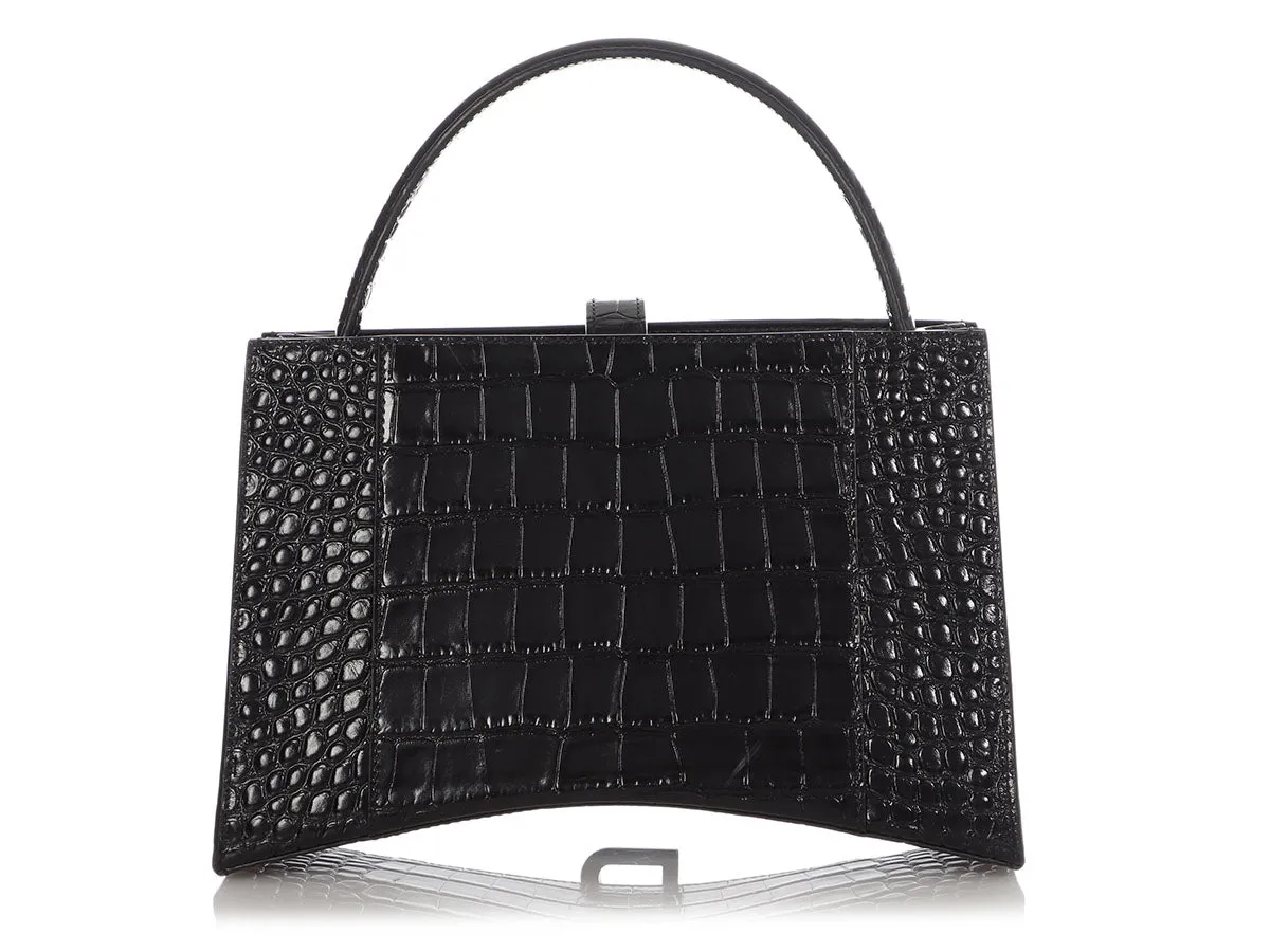 Balenciaga Small Black Crocodile Embossed East West Hourglass Tote