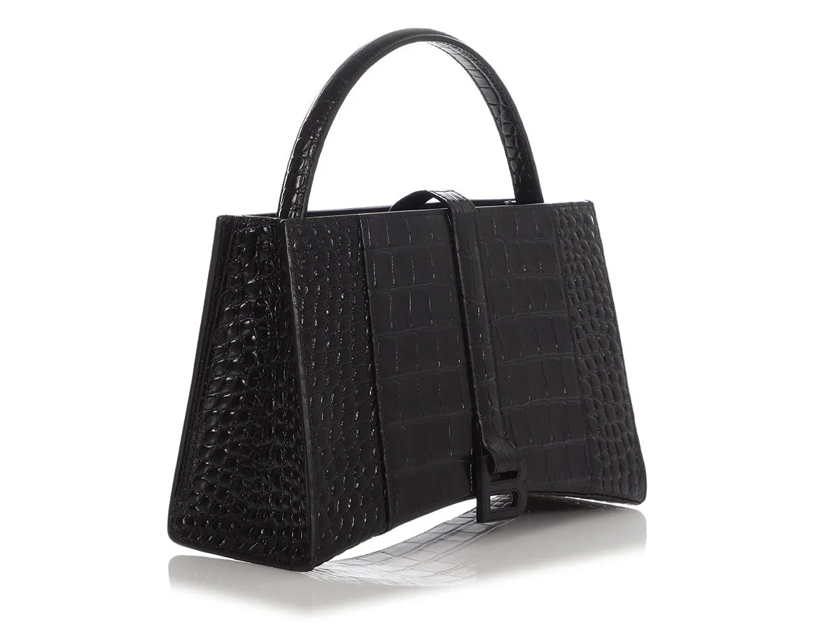 Balenciaga Small Black Crocodile Embossed East West Hourglass Tote