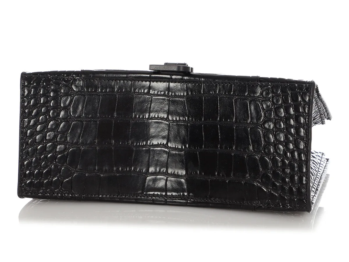 Balenciaga Small Black Crocodile Embossed East West Hourglass Tote