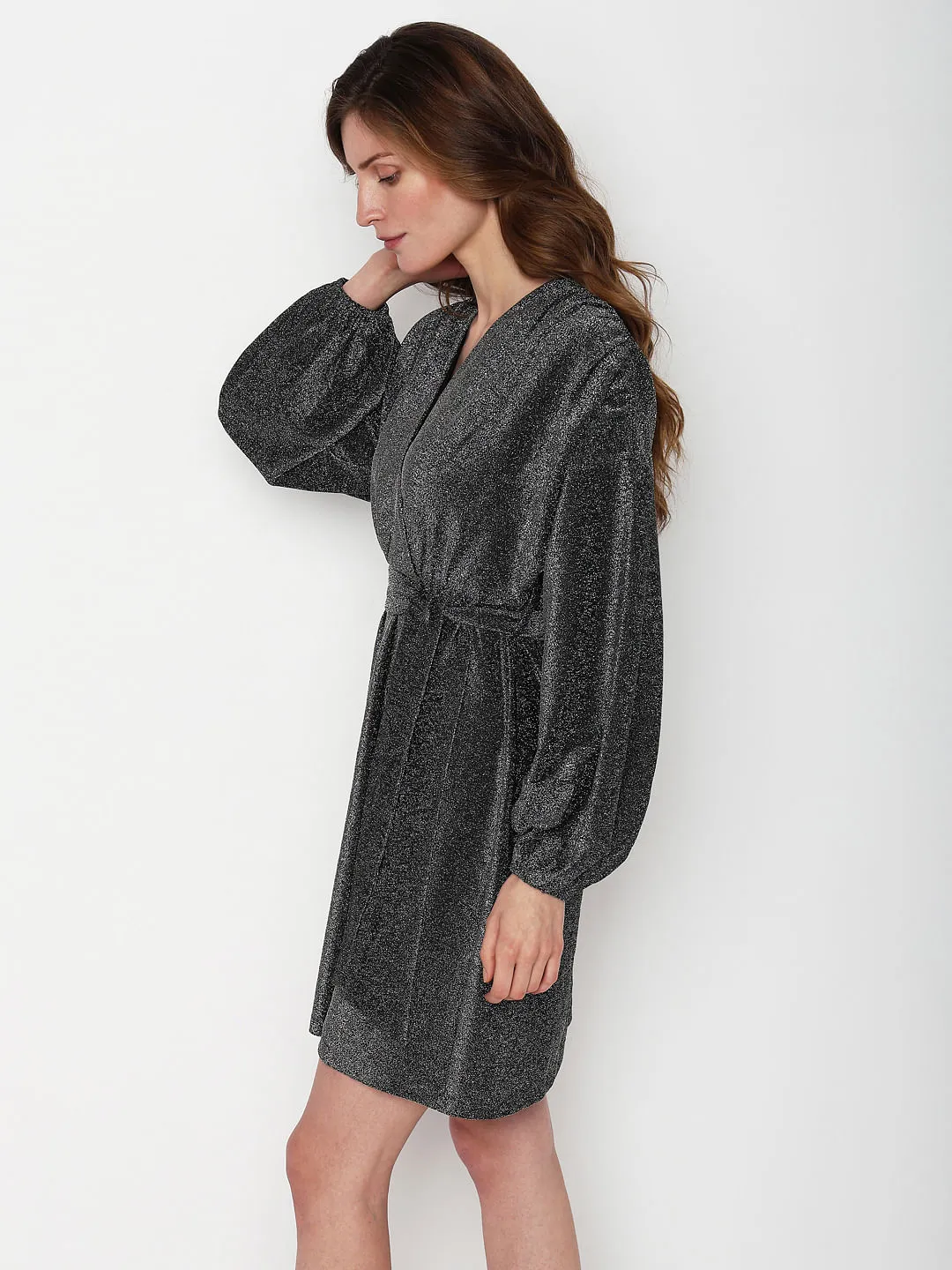 Black Shimmer Front Wrap Dress