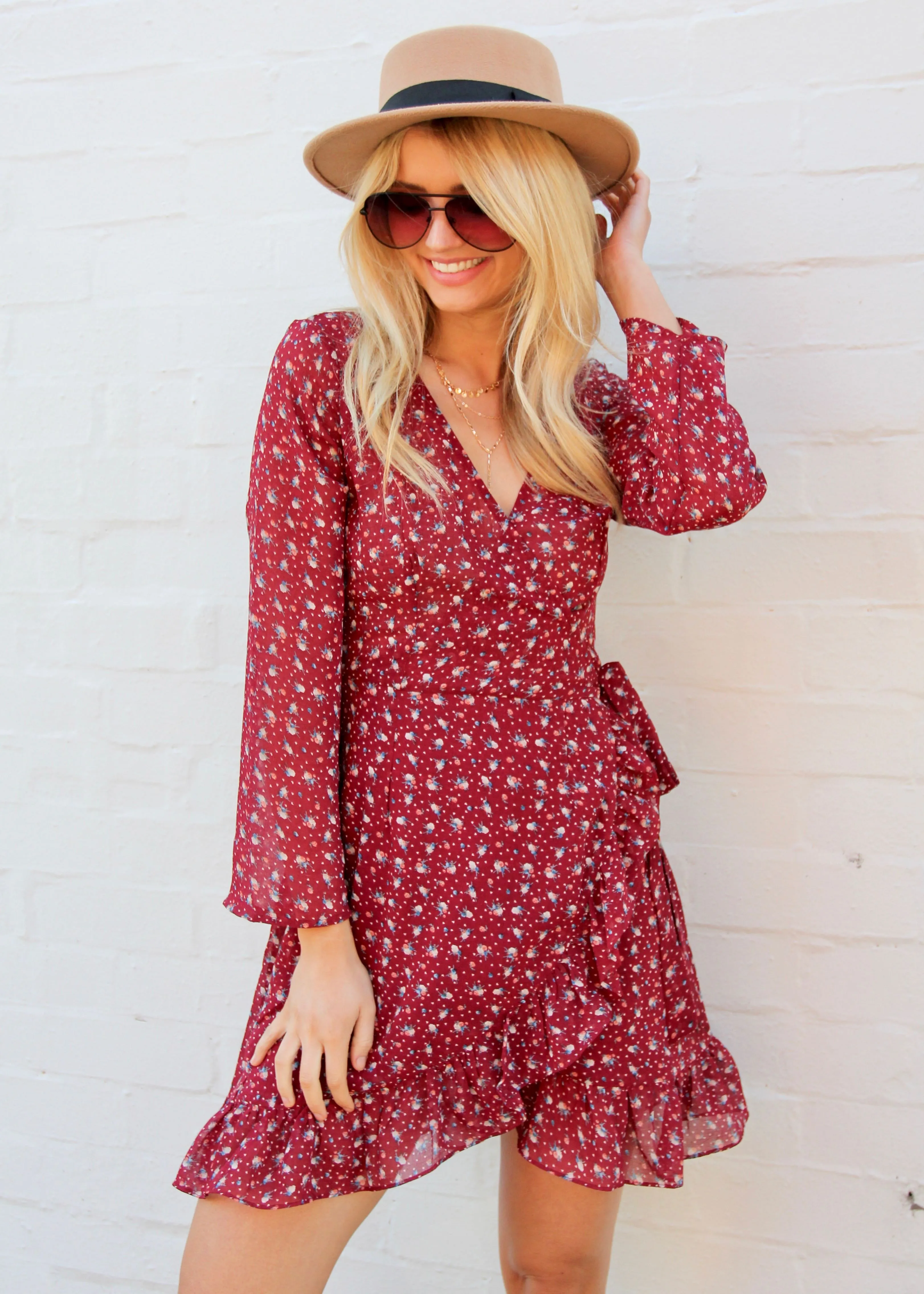 Breaking Habits Wrap Dress - Maroon