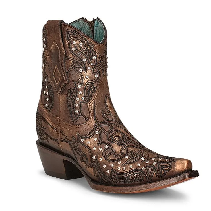 Corral Women’s LD Bronze & Crystal Western Snip Toe Ankle Boot