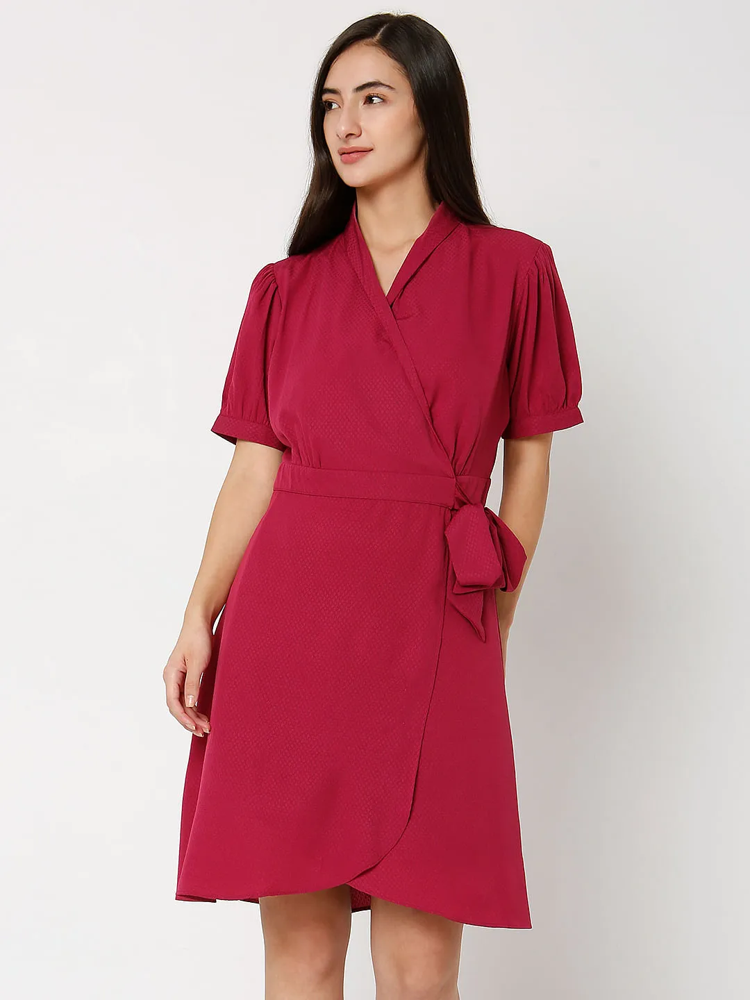 Dark Red V-Neck Wrap Dress