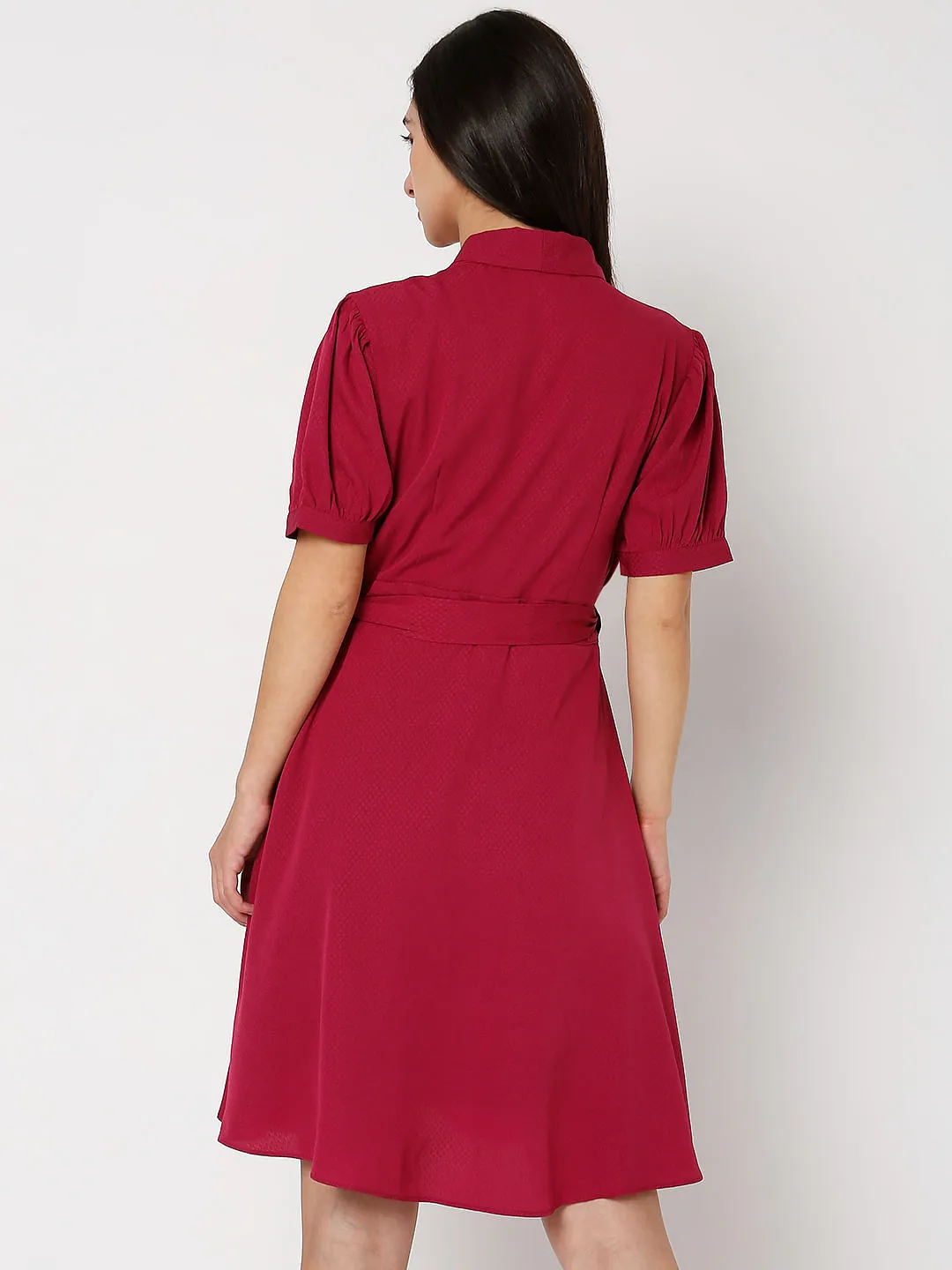 Dark Red V-Neck Wrap Dress