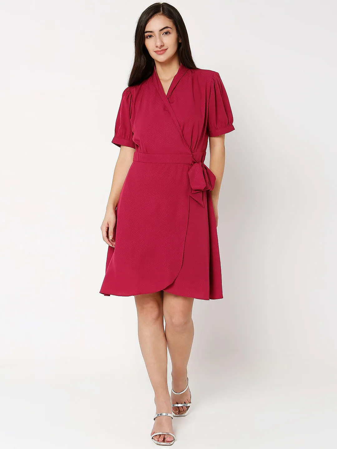 Dark Red V-Neck Wrap Dress