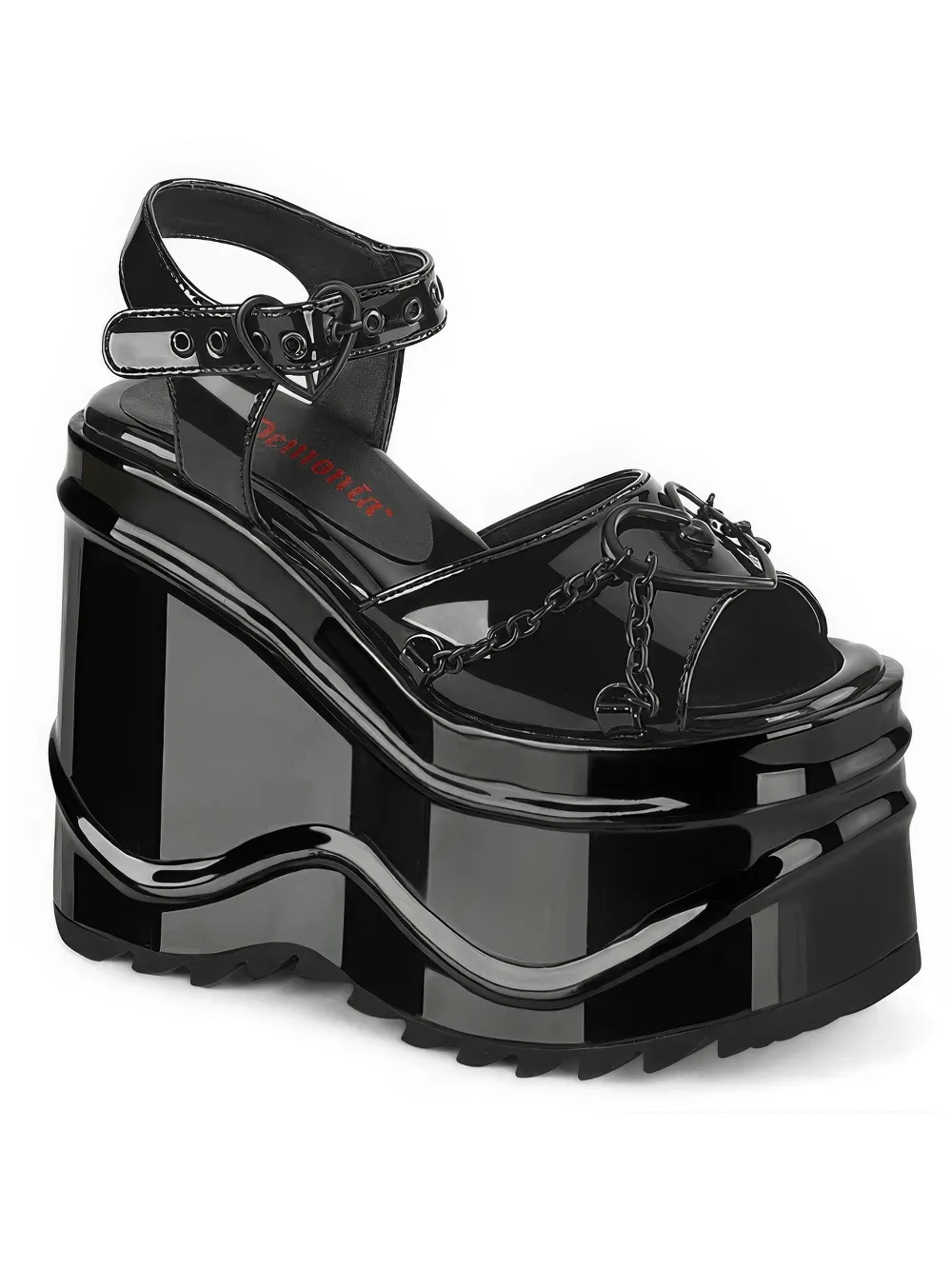 DEMONIA Black Patent Platform Sandals with Heart Buckles