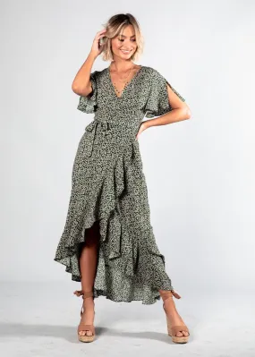 First Look Wrap Midi Dress - Green Floral