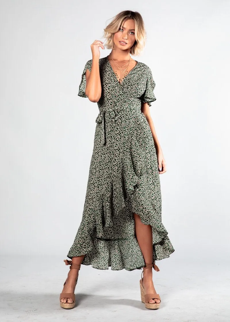 First Look Wrap Midi Dress - Green Floral