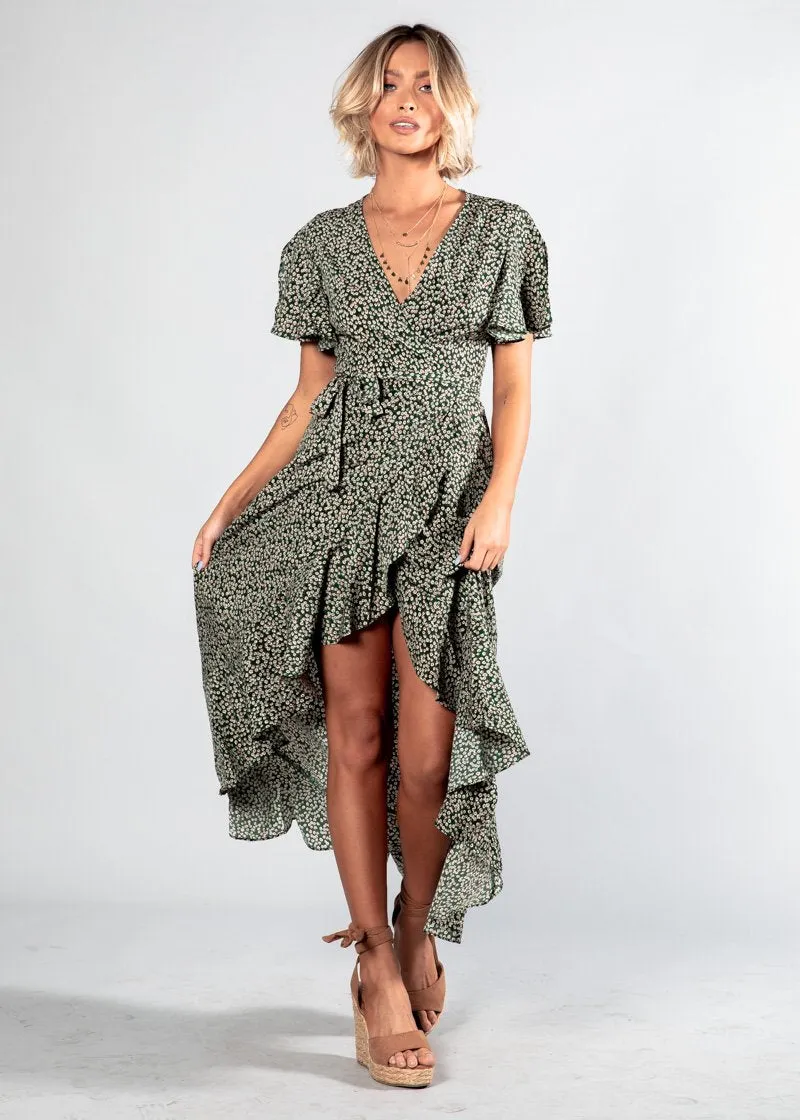 First Look Wrap Midi Dress - Green Floral