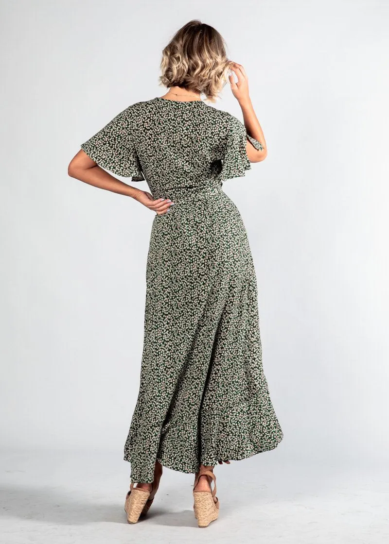 First Look Wrap Midi Dress - Green Floral