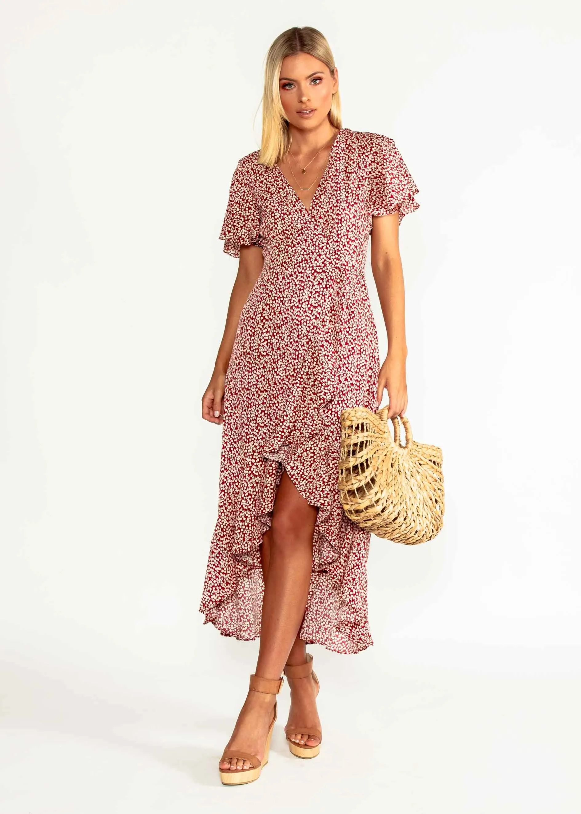 First Look Wrap Midi Dress - Red Floral