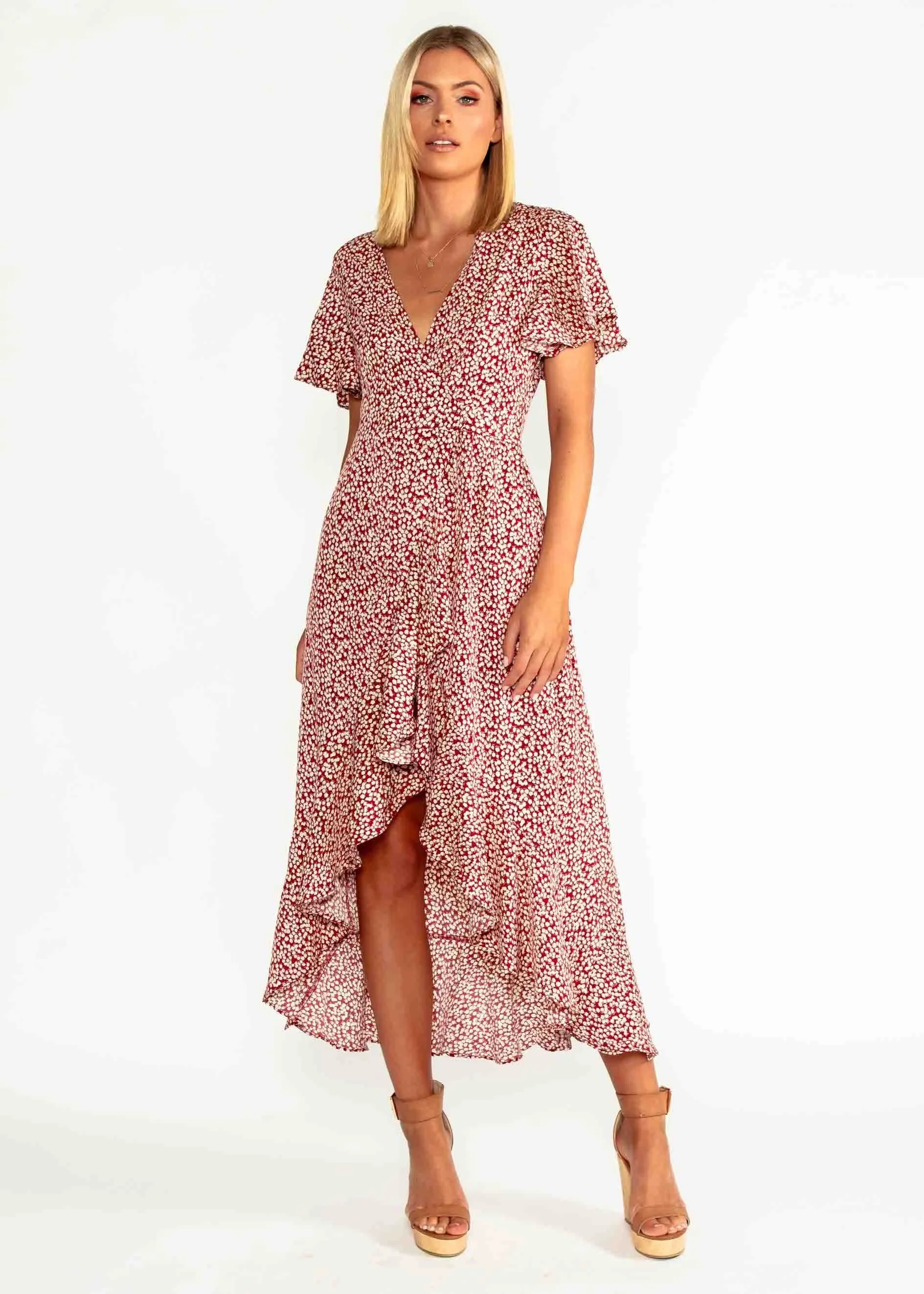 First Look Wrap Midi Dress - Red Floral