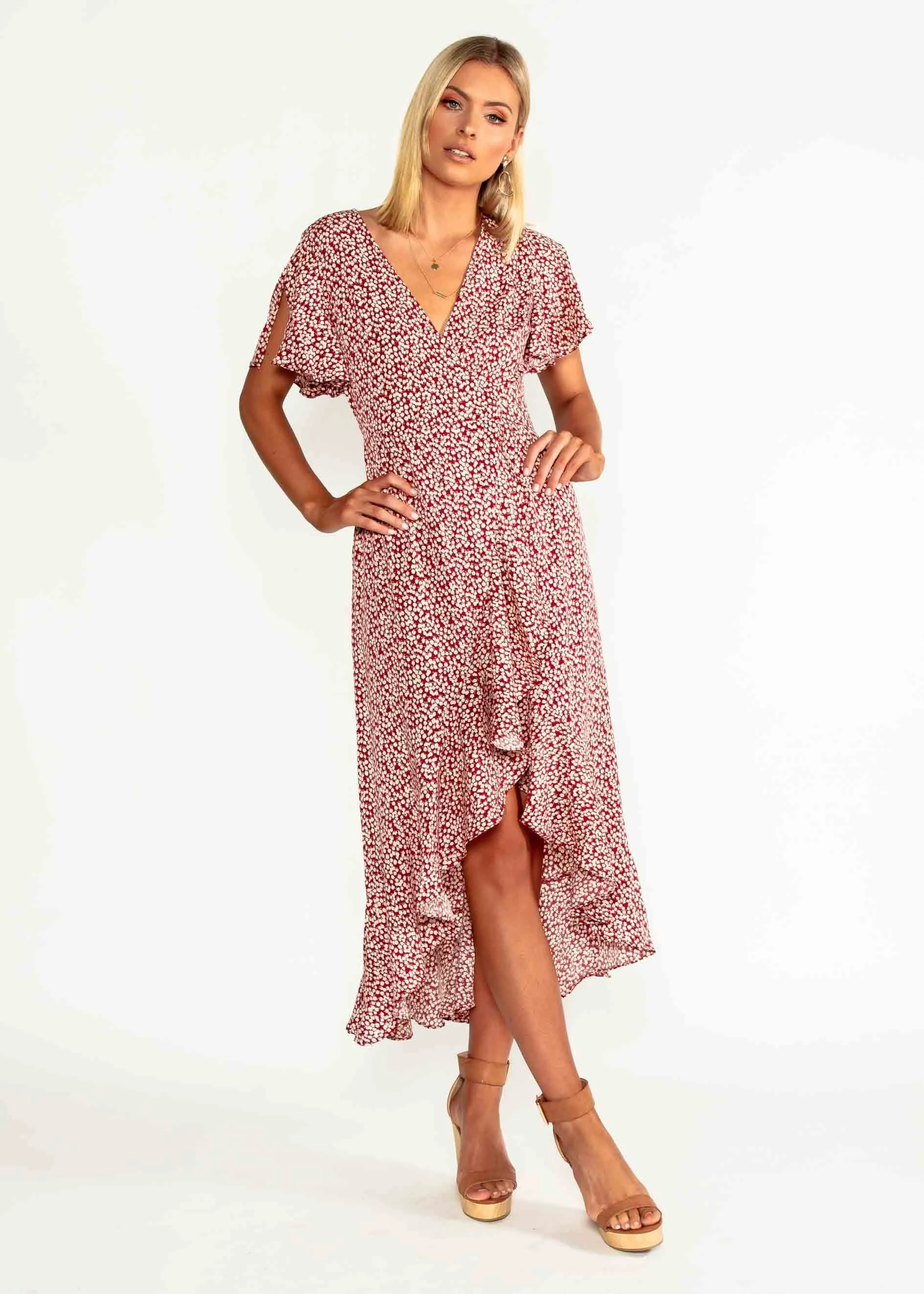 First Look Wrap Midi Dress - Red Floral