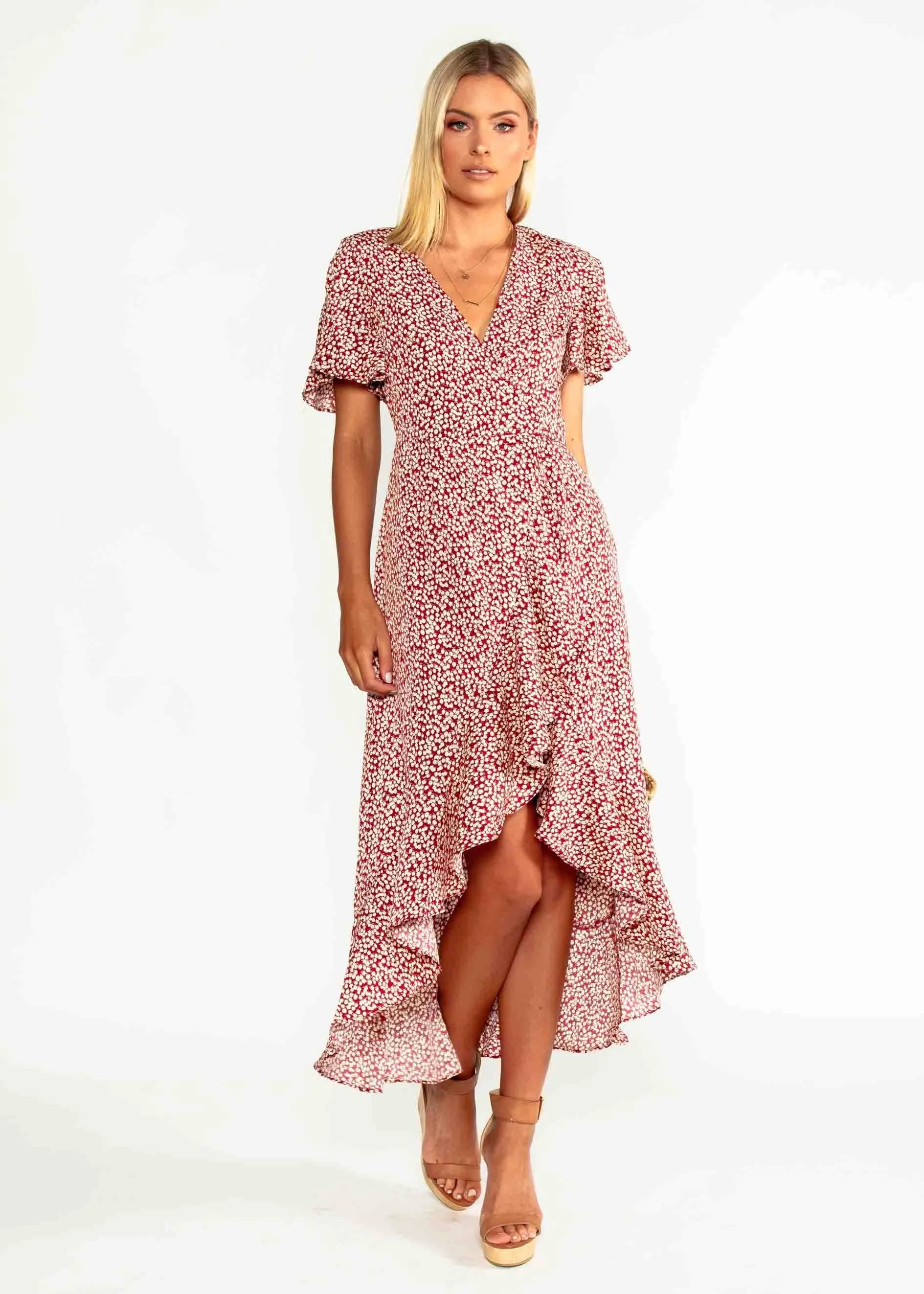 First Look Wrap Midi Dress - Red Floral