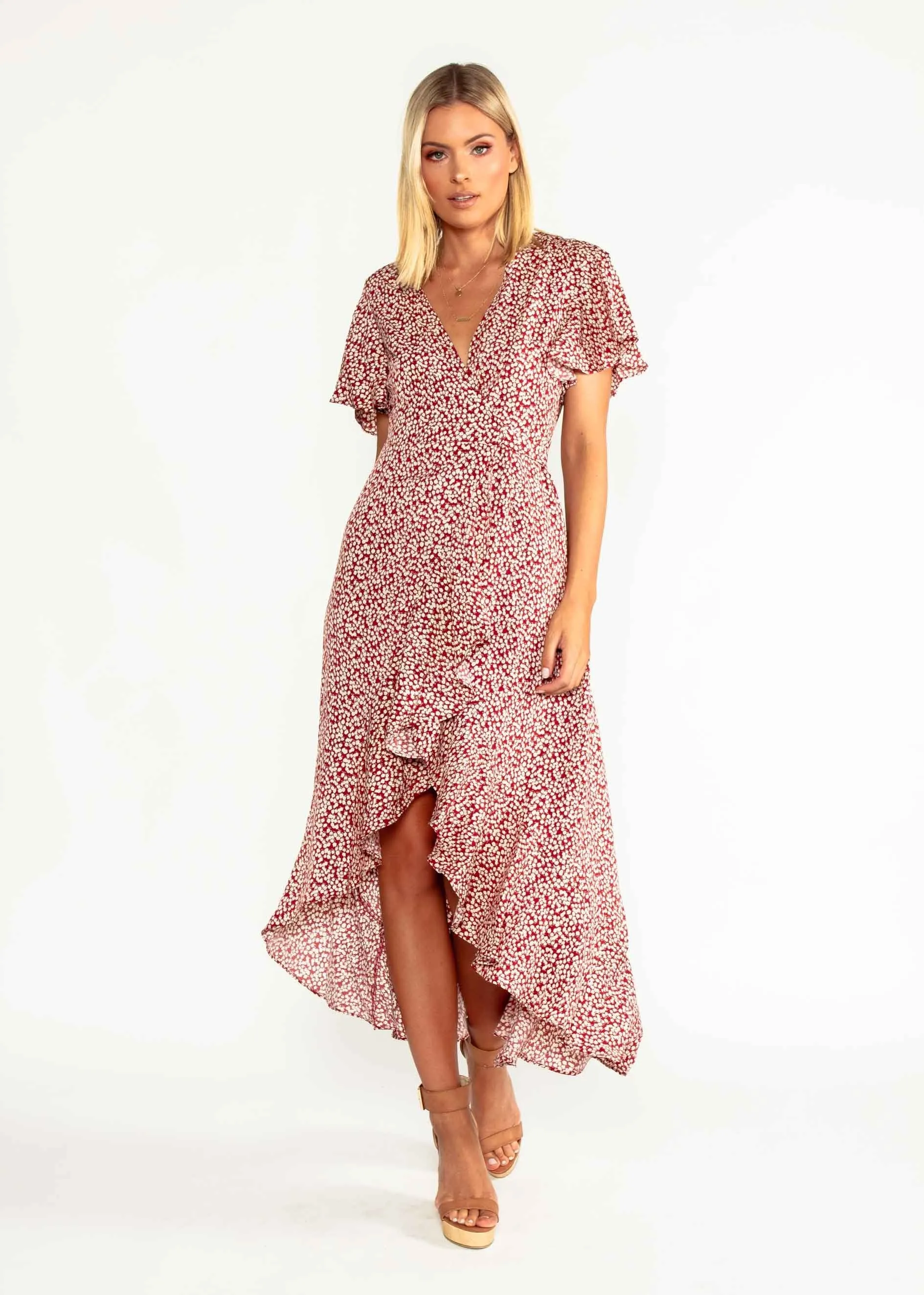 First Look Wrap Midi Dress - Red Floral