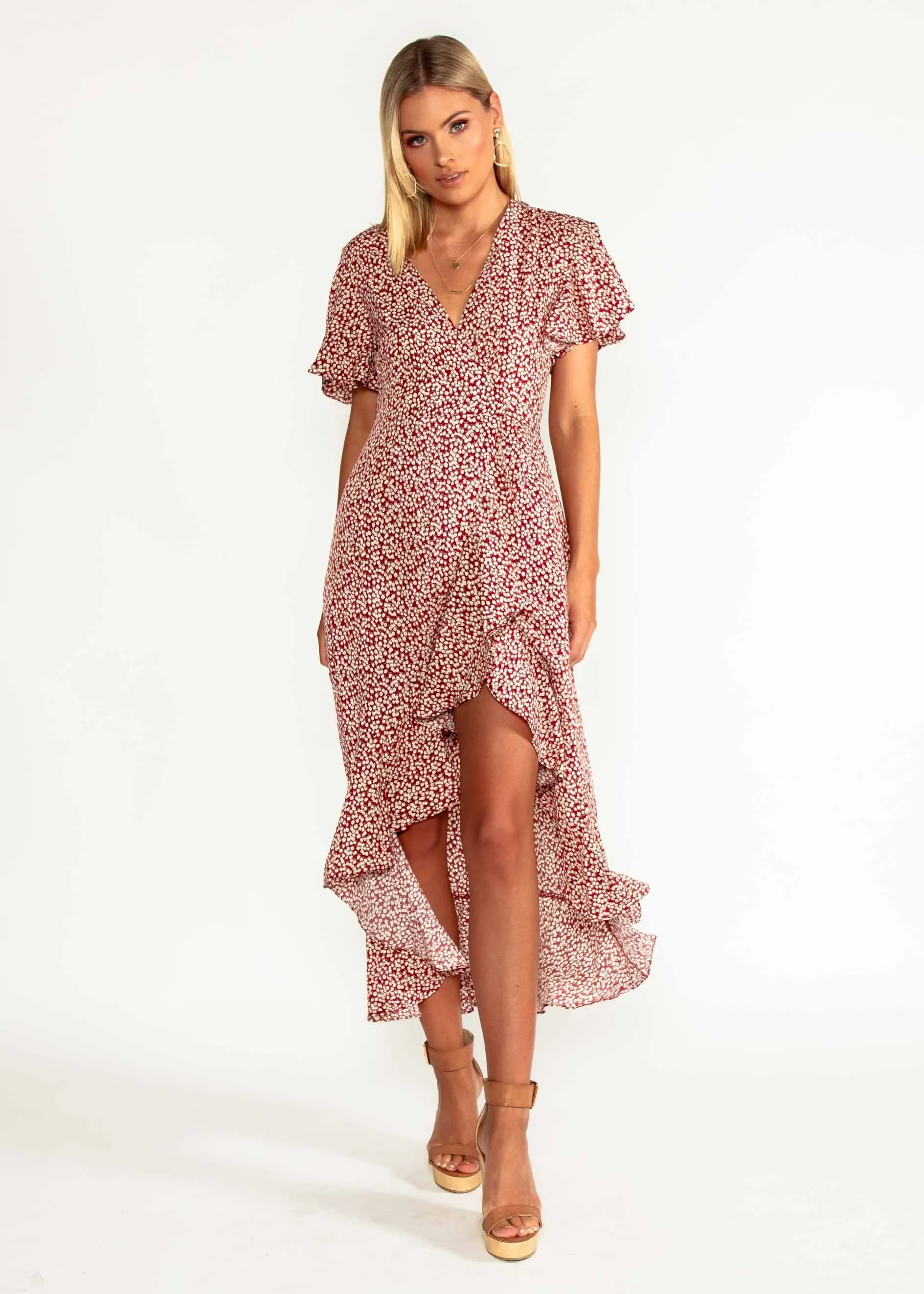 First Look Wrap Midi Dress - Red Floral