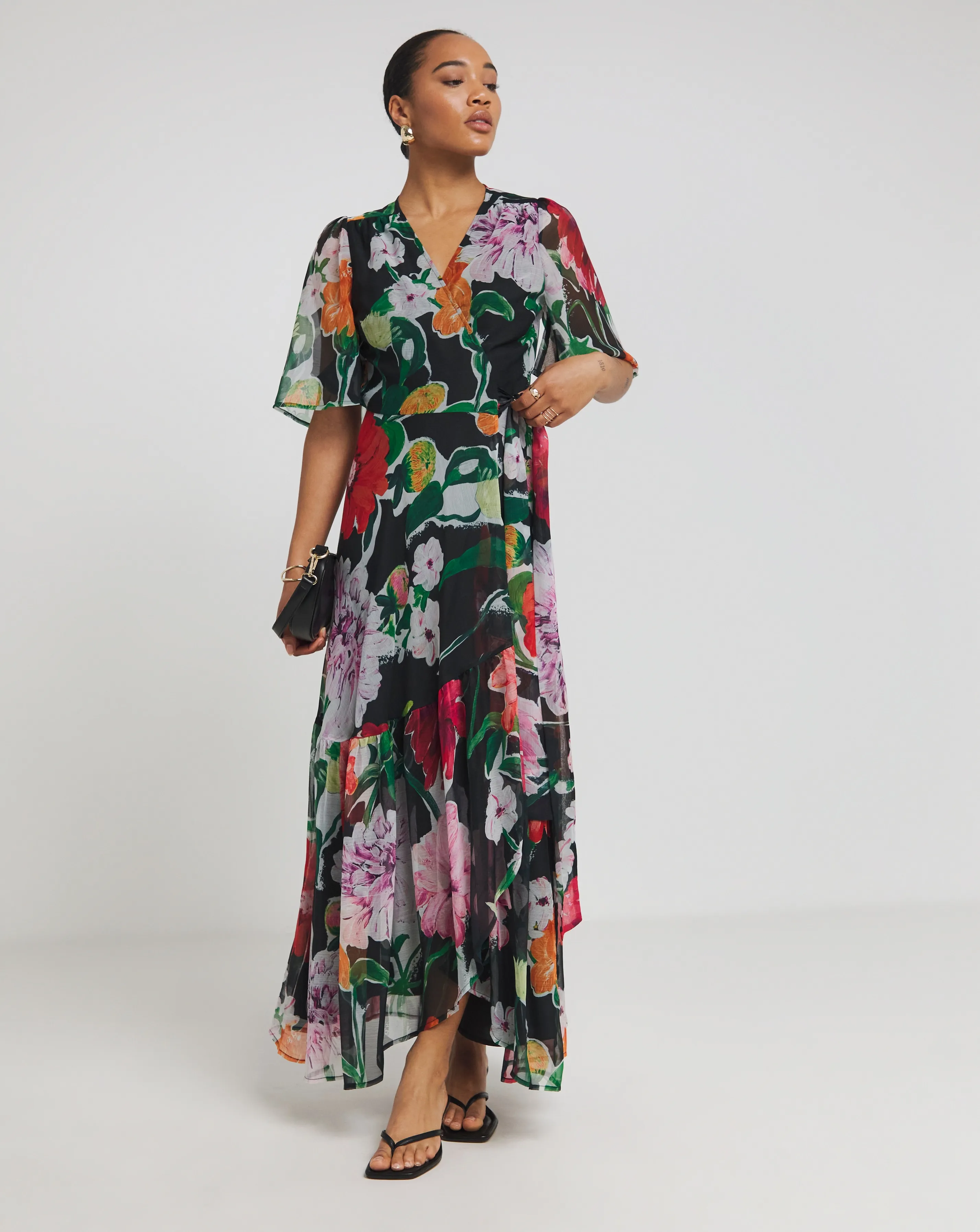 Hope & Ivy Joanne Flutter Sleeve Maxi Wrap Dress With Tie Waist | Simply Be