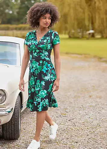 Icy Winter Floral Wrap Front Knee-Length Jersey Dress by Joe Browns | Look Again