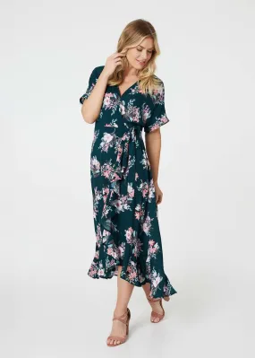 Izabel London Dark Green Floral Frill Hem Midi Wrap Dress