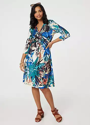 Izabel London Multi Green Leaf Print Knee Length Wrap Dress | Grattan