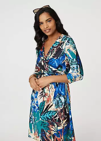 Izabel London Multi Green Leaf Print Knee Length Wrap Dress | Grattan