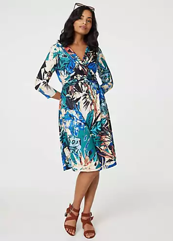 Izabel London Multi Green Leaf Print Knee Length Wrap Dress | Grattan