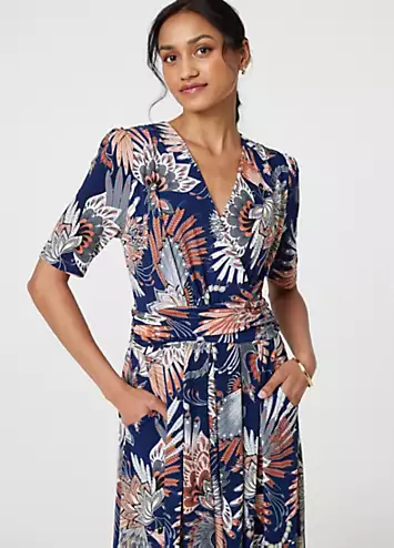 Izabel London Multi Navy Tropical Print Short Sleeve Midi Wrap Dress | Grattan