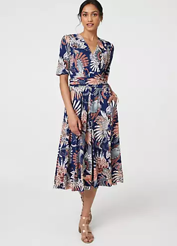 Izabel London Multi Navy Tropical Print Short Sleeve Midi Wrap Dress | Grattan