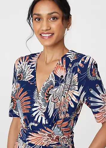 Izabel London Multi Navy Tropical Print Short Sleeve Midi Wrap Dress | Grattan