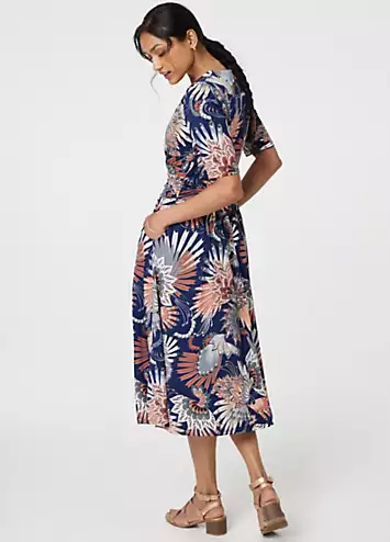 Izabel London Multi Navy Tropical Print Short Sleeve Midi Wrap Dress | Grattan