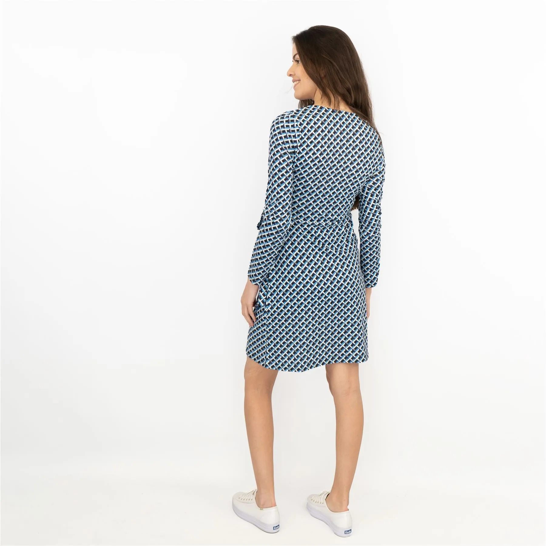 Karen Millen Blue Long Sleeve Jersey Geometric KM Logo Print Tie Wrap Dress