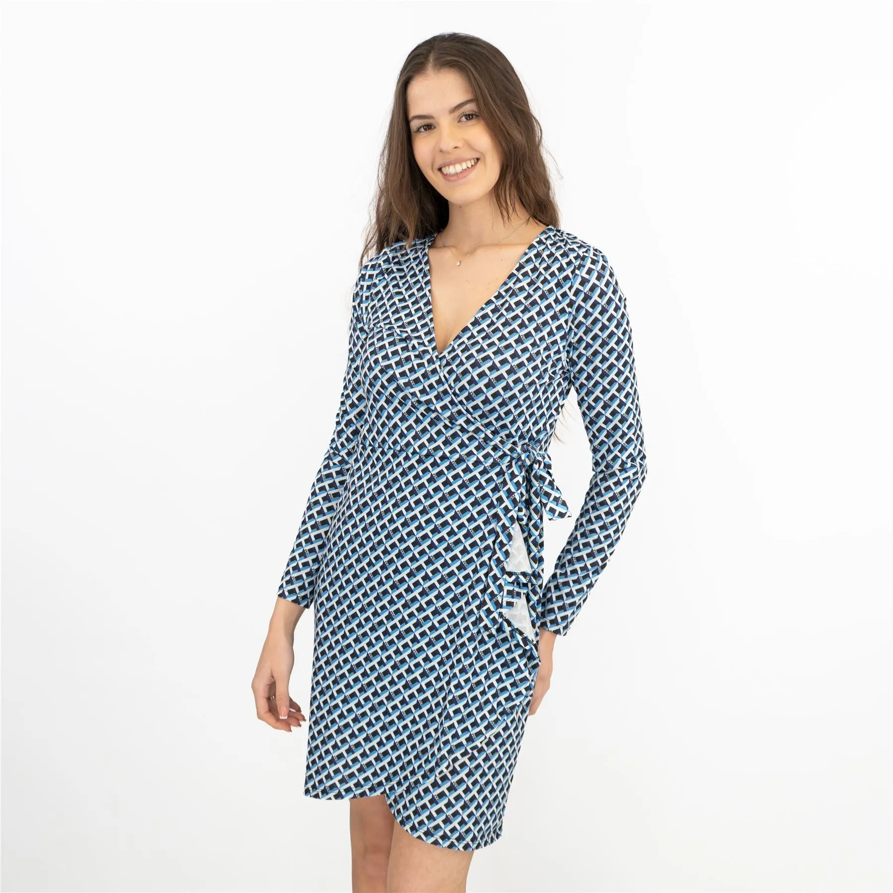 Karen Millen Blue Long Sleeve Jersey Geometric KM Logo Print Tie Wrap Dress