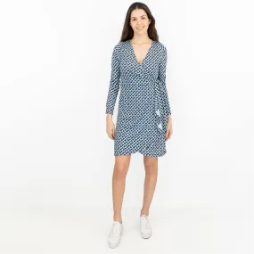 Karen Millen Blue Long Sleeve Jersey Geometric KM Logo Print Tie Wrap Dress