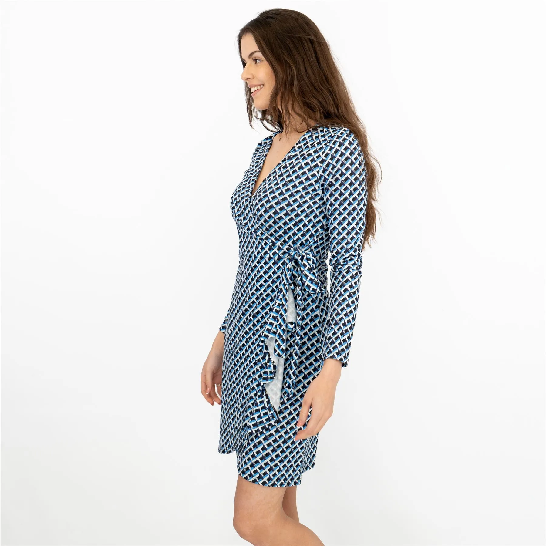 Karen Millen Blue Long Sleeve Jersey Geometric KM Logo Print Tie Wrap Dress