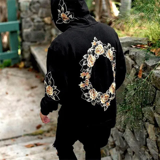 Men Printing Floral Hooded Pullover