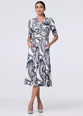 Multi Navy Printed Short Sleeve Knee Length Wrap Dress by Izabel London | Look Again