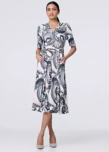 Multi Navy Printed Short Sleeve Knee Length Wrap Dress by Izabel London | Look Again