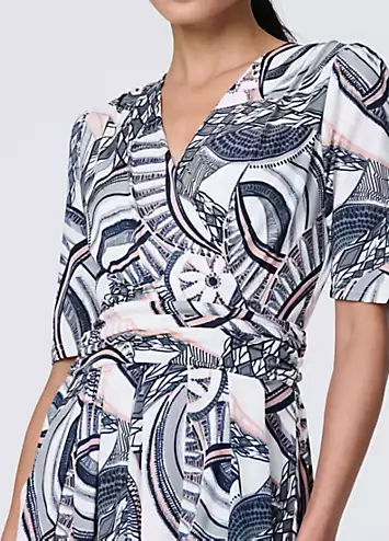 Multi Navy Printed Short Sleeve Knee Length Wrap Dress by Izabel London | Look Again