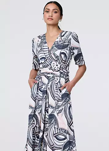 Multi Navy Printed Short Sleeve Knee Length Wrap Dress by Izabel London | Look Again