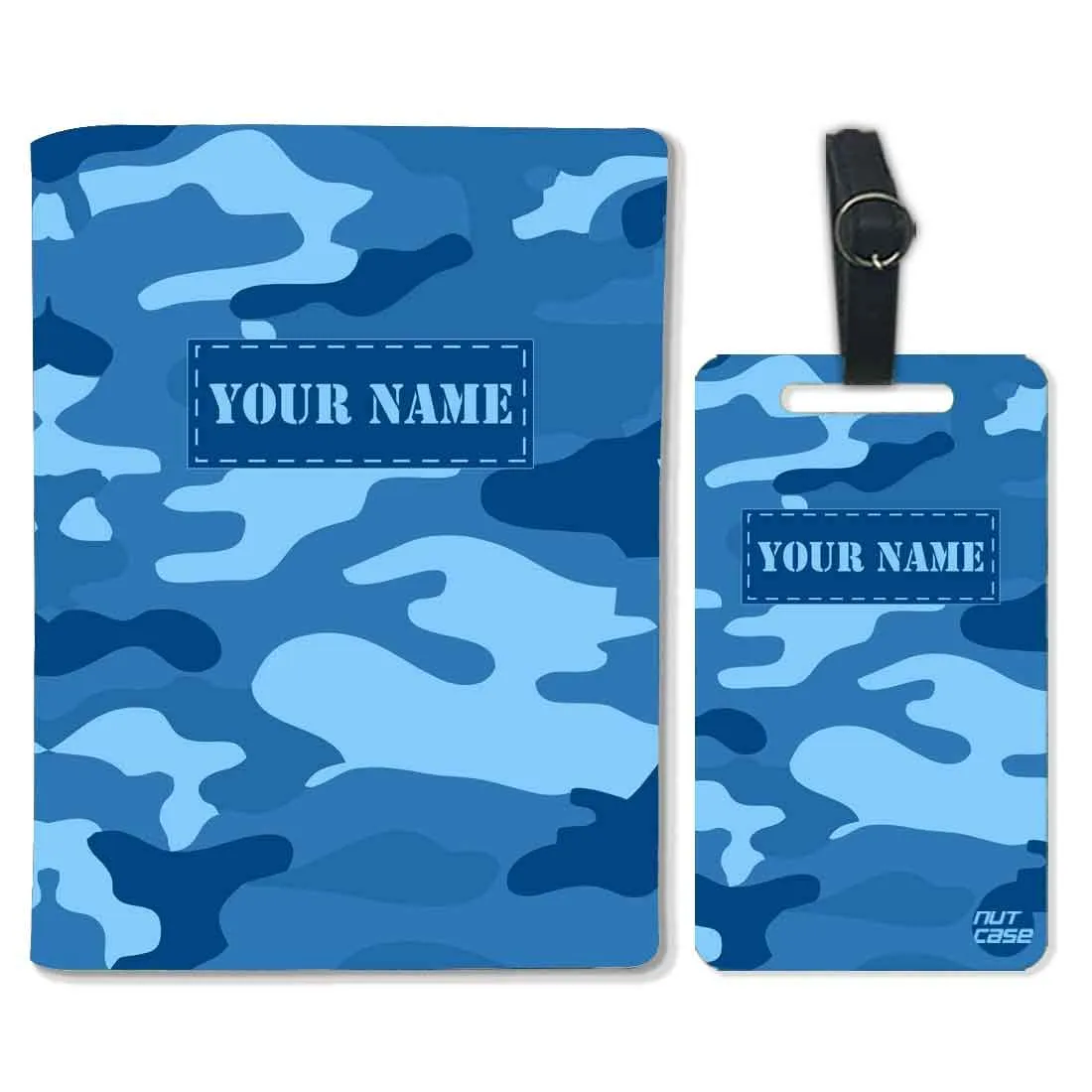 Personalized Passport Cover Suitcase Tag Set -Navy Blue Camoflage