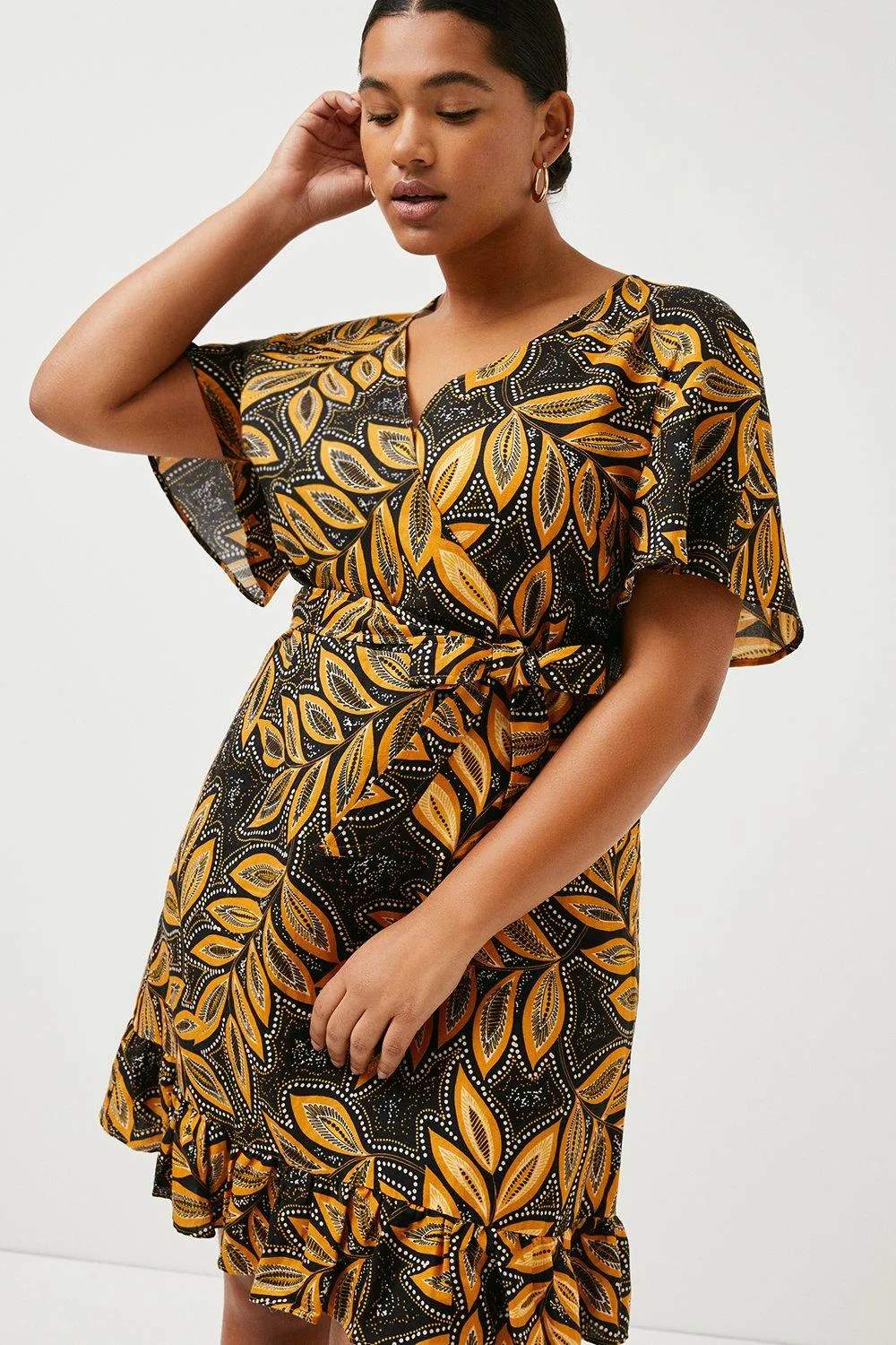 Plus Size Leaf Linen Viscose Woven Mini Wrap Dress | Karen Millen