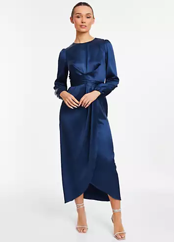 Quiz Navy Satin Wrap Maxi Dress with Long Sleeve | Grattan