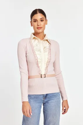 Ruffle Satin Insert Knit Pullover