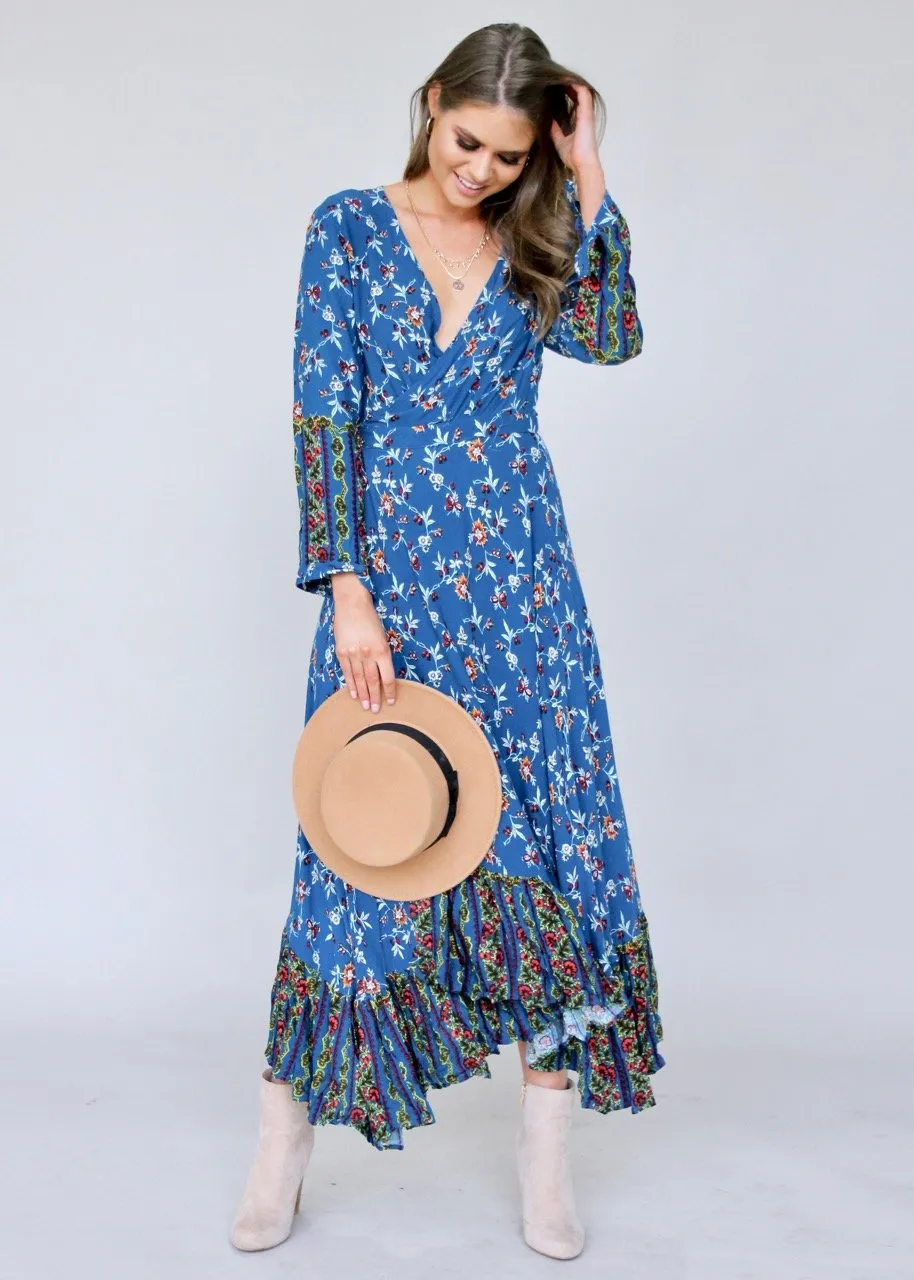 Take Me To Paradise Wrap Maxi Dress - Blue Floral