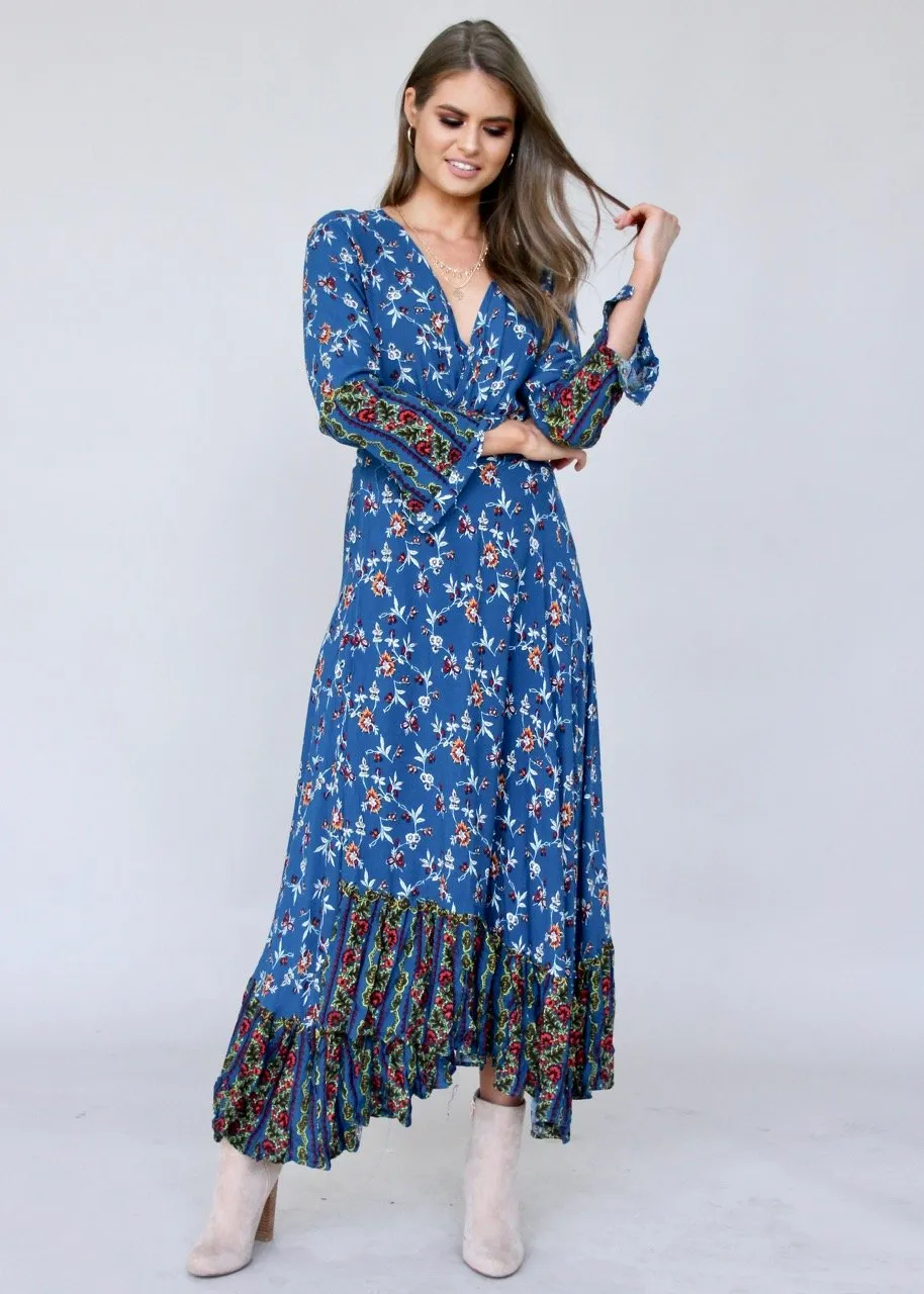 Take Me To Paradise Wrap Maxi Dress - Blue Floral