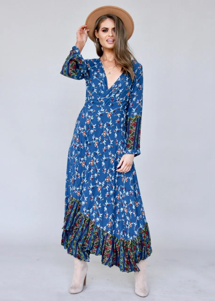 Take Me To Paradise Wrap Maxi Dress - Blue Floral