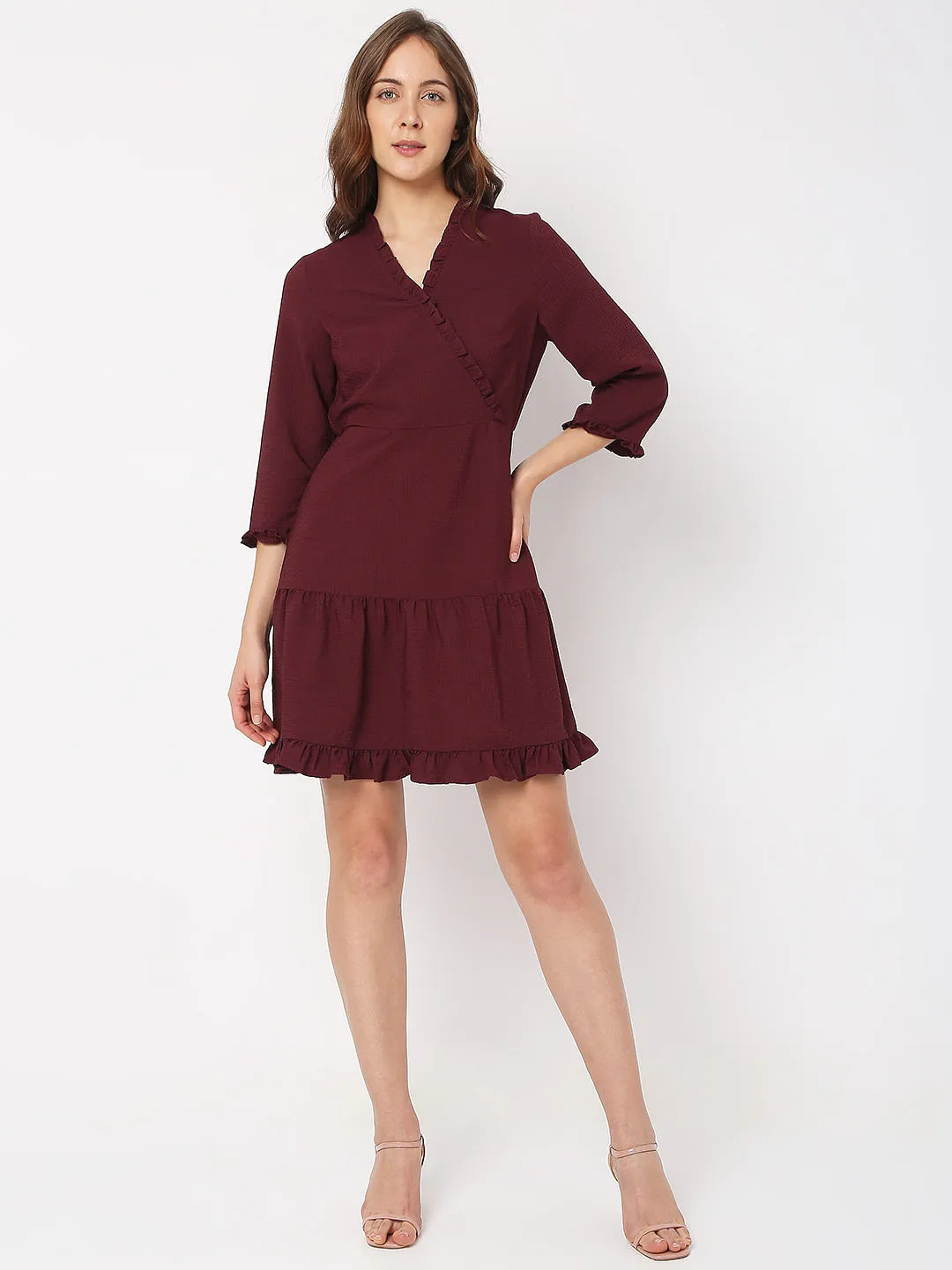 Wine Mock Wrap Shift Dress